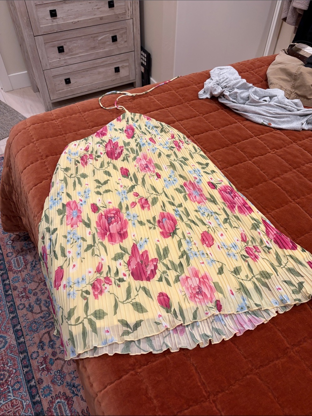 Old Navy Yellow Floral Backless Dress with Pink Roses